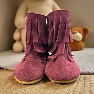 Monkey Feet Fringed Burgundy Baby Boots Back Zip Soft Size 6-12 Months